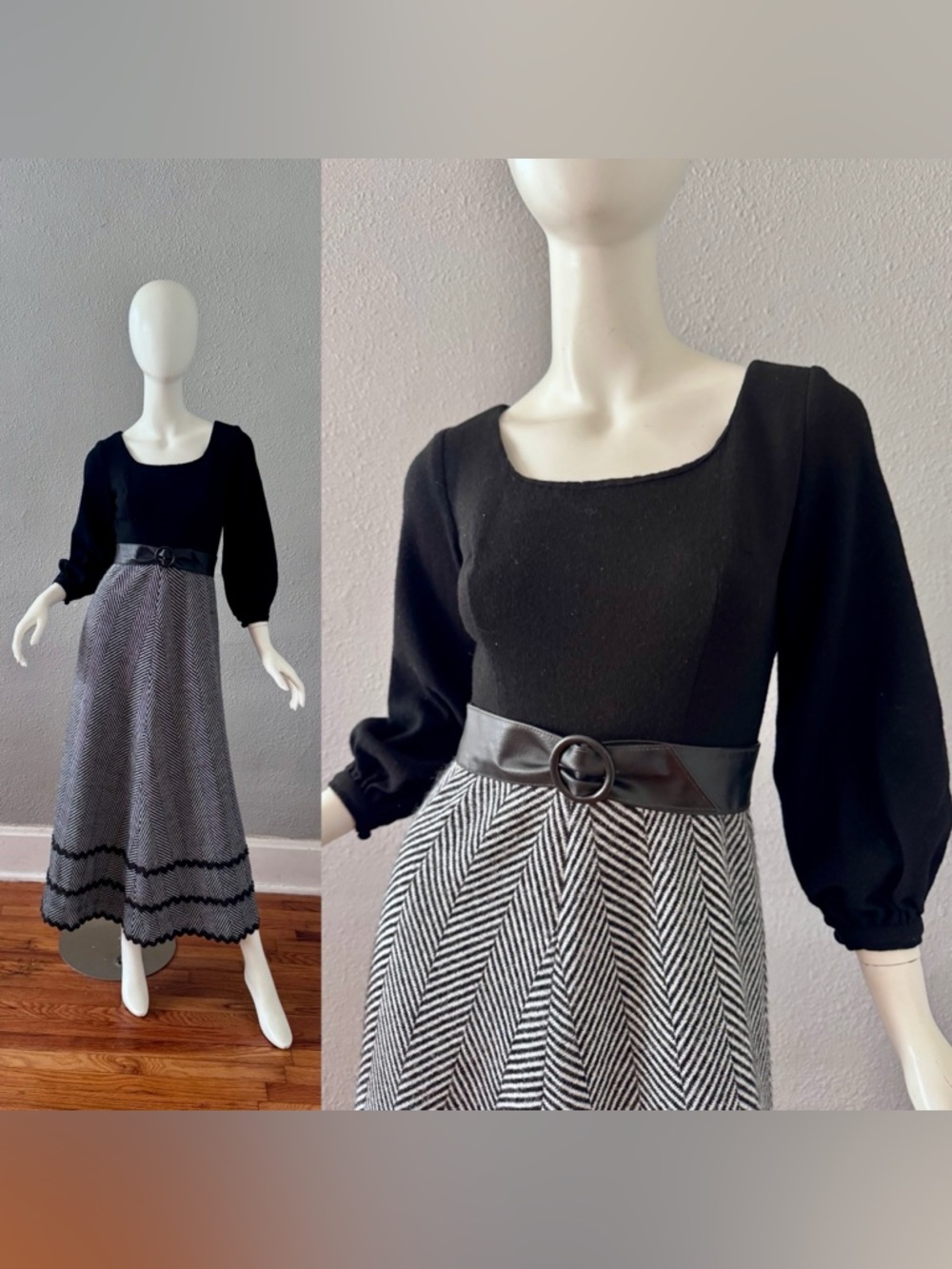 Vintage 60s Black Wool B. COHEN Hostess Maxi Dress XS